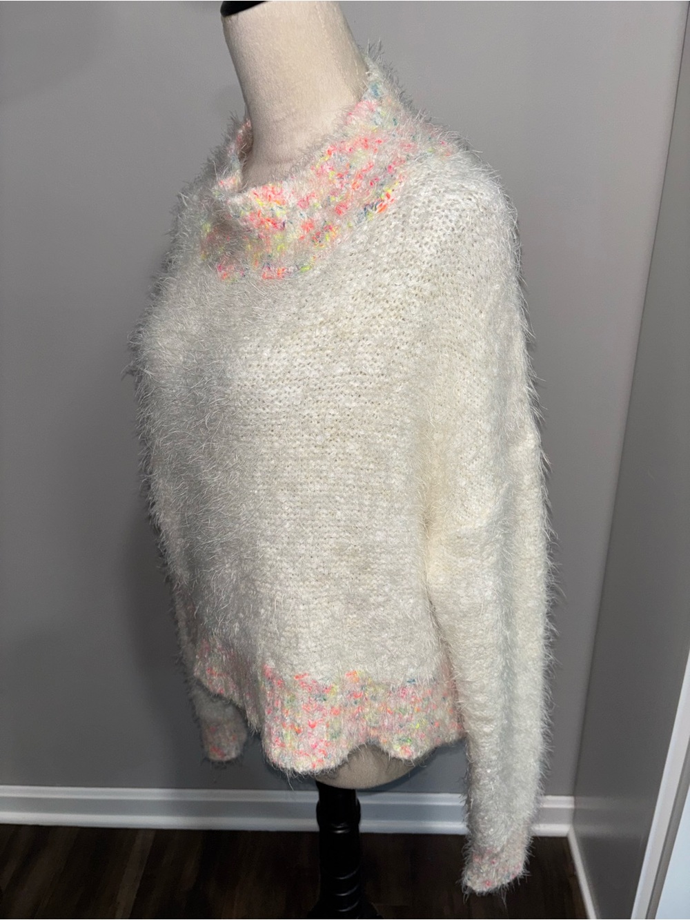 Free People Cozy Cream Fuzzy Sweater with Multicolor Trim - Picture 2 of 5